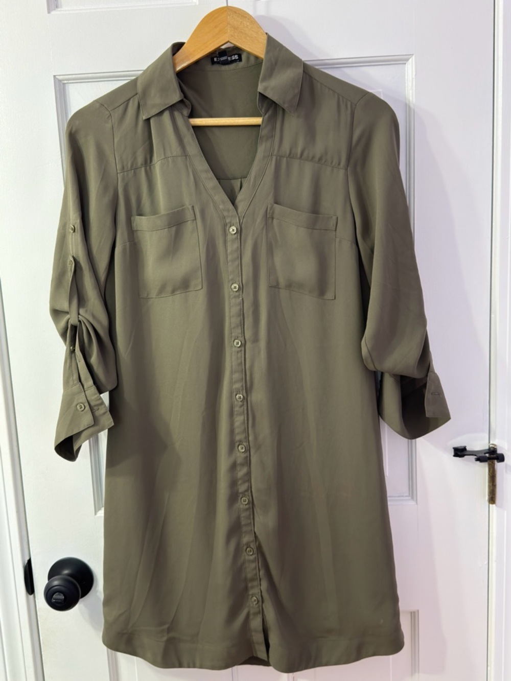 Express Olive Button-Down Long Sleeve Shirt Dress